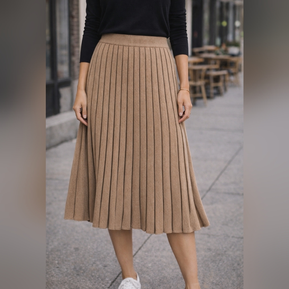 Pure Collection Tan A-Line Pleated Skirt 70% Lambswool 30% Cashmere Quiet Luxury